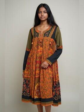 RITU KUMAR Embroidered Cotton Long Sleeve Dress XL